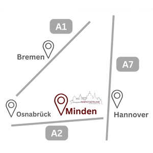 Überregionale Erreichbarkeit der Innenstadtklinik Anfahrtskarte zur überregionalen Erreichbarkeit der Innenstadtklinik für endoskopische Wirbelsäulenchirurgie